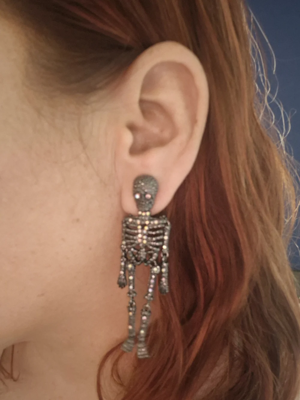 Black Skeleton Dangle Earrings – Halloween Rhinestone Skull Earrings
